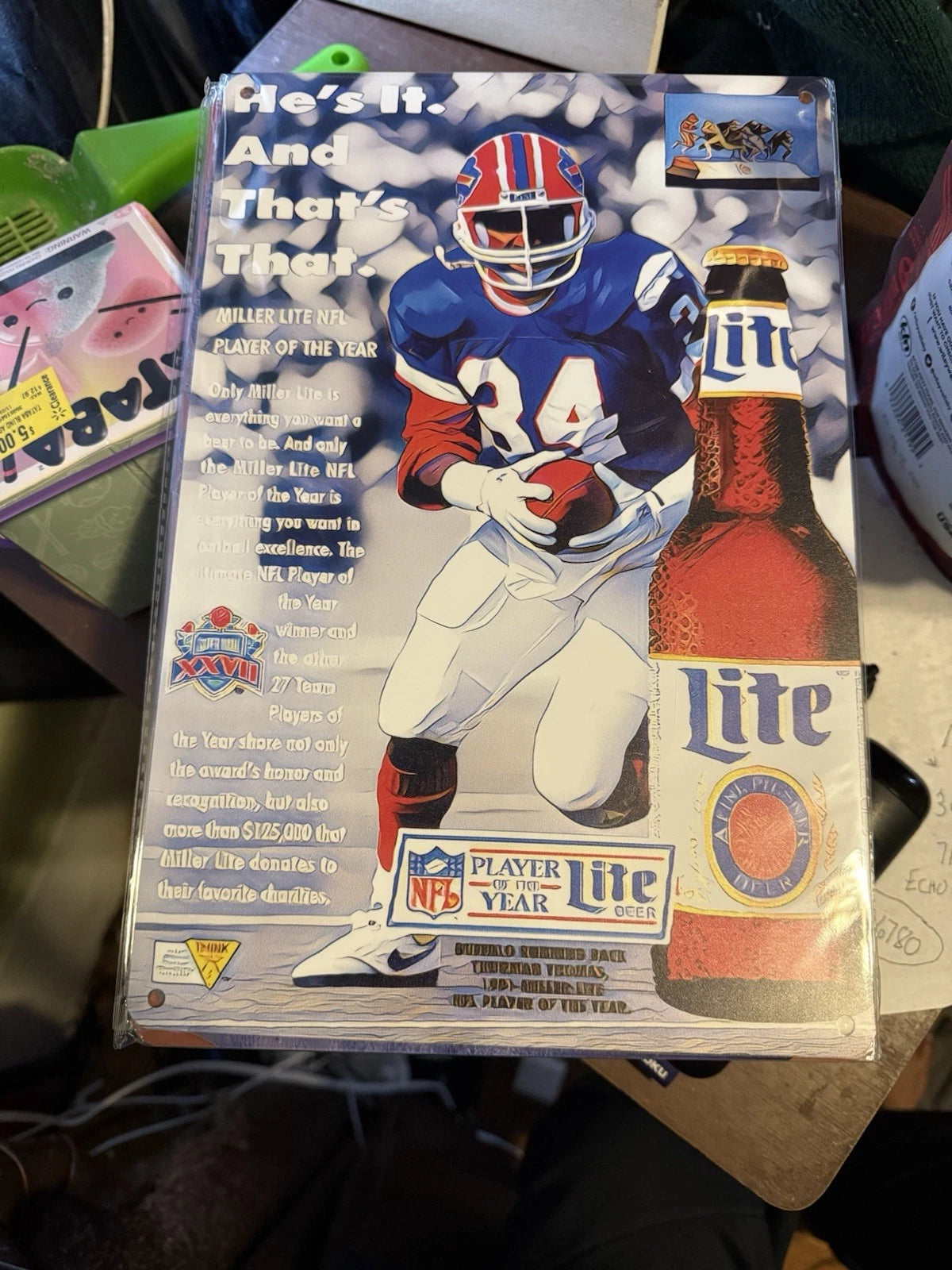 MILLER LITE BEER NFL PLAYER OF THE YEAR, BILLS THURMAN THOMAS COLOR AD PRINT -on metal sign