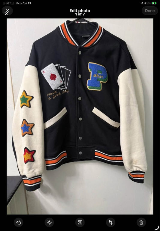 Embroidered Varsity Poker Jacket Black And Orange "Lucky Jacket" New Wave Street