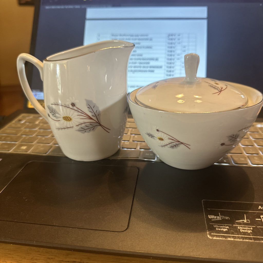 Valmont China Royal Wheat Pattern Sugar Bowl, Lid &Creamer Made In Japan CHN 430