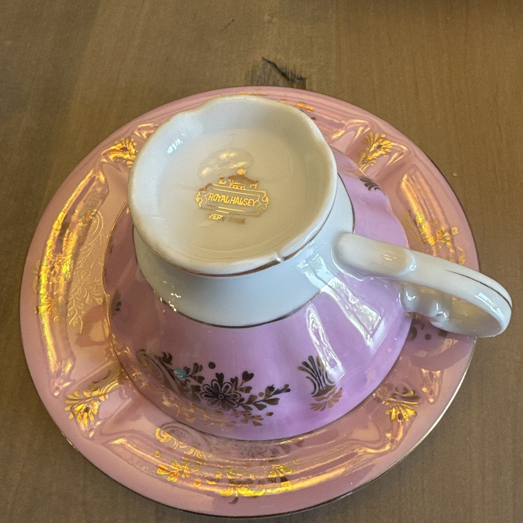 Vintage Pink Gold Roses Cup Saucer Set Iridescent L M Royal Halsey China CHN 492