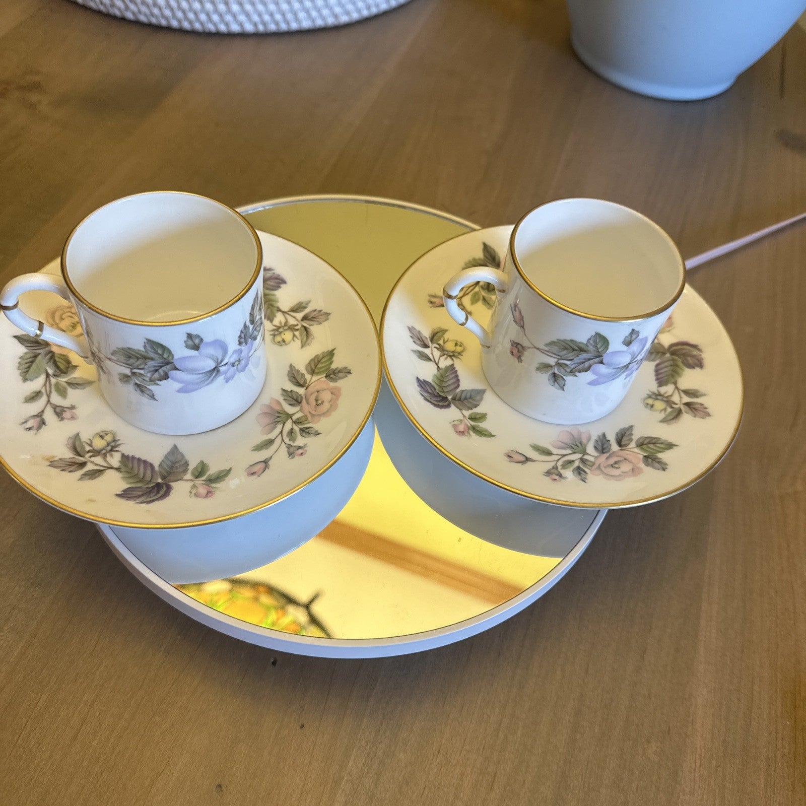 (2) Royal Worcester June Garland Flat Demitasse Cup & Saucer - Pristine CHN 362