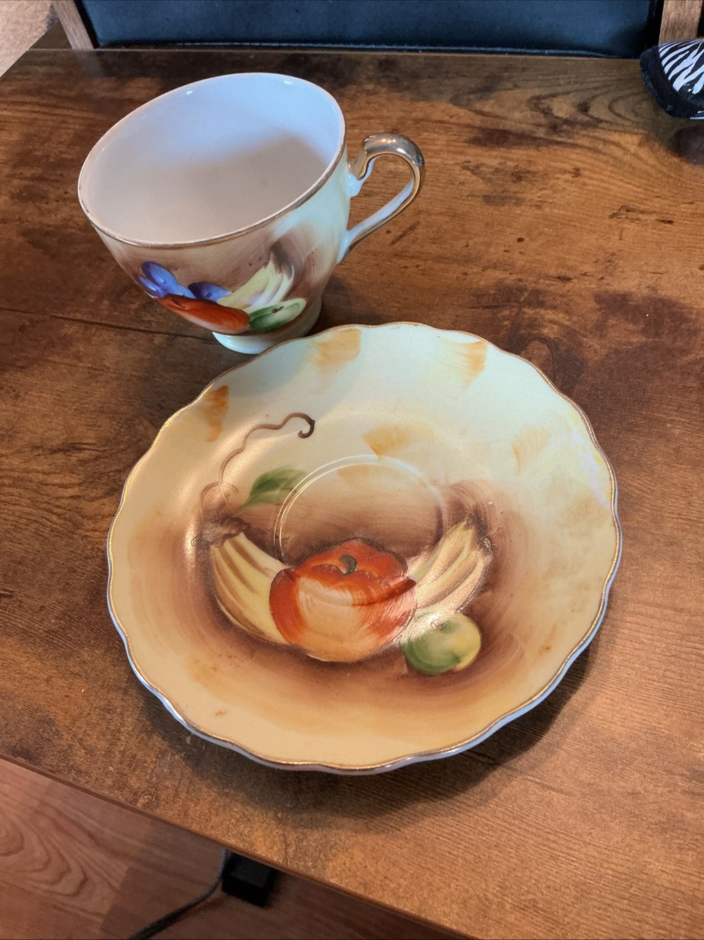 Vintage Hand Painted Harvest Fruit Apple Grapes Banana Cup Saucer CHN 131