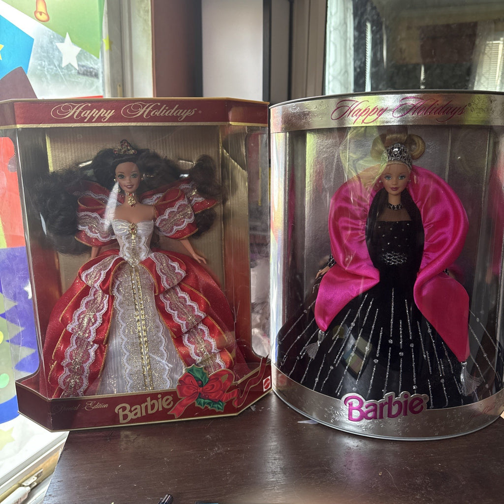 (2) Very Rare 1997, 1998 Holiday Barbie. Printing Mistakes On box! NIB. SHE0