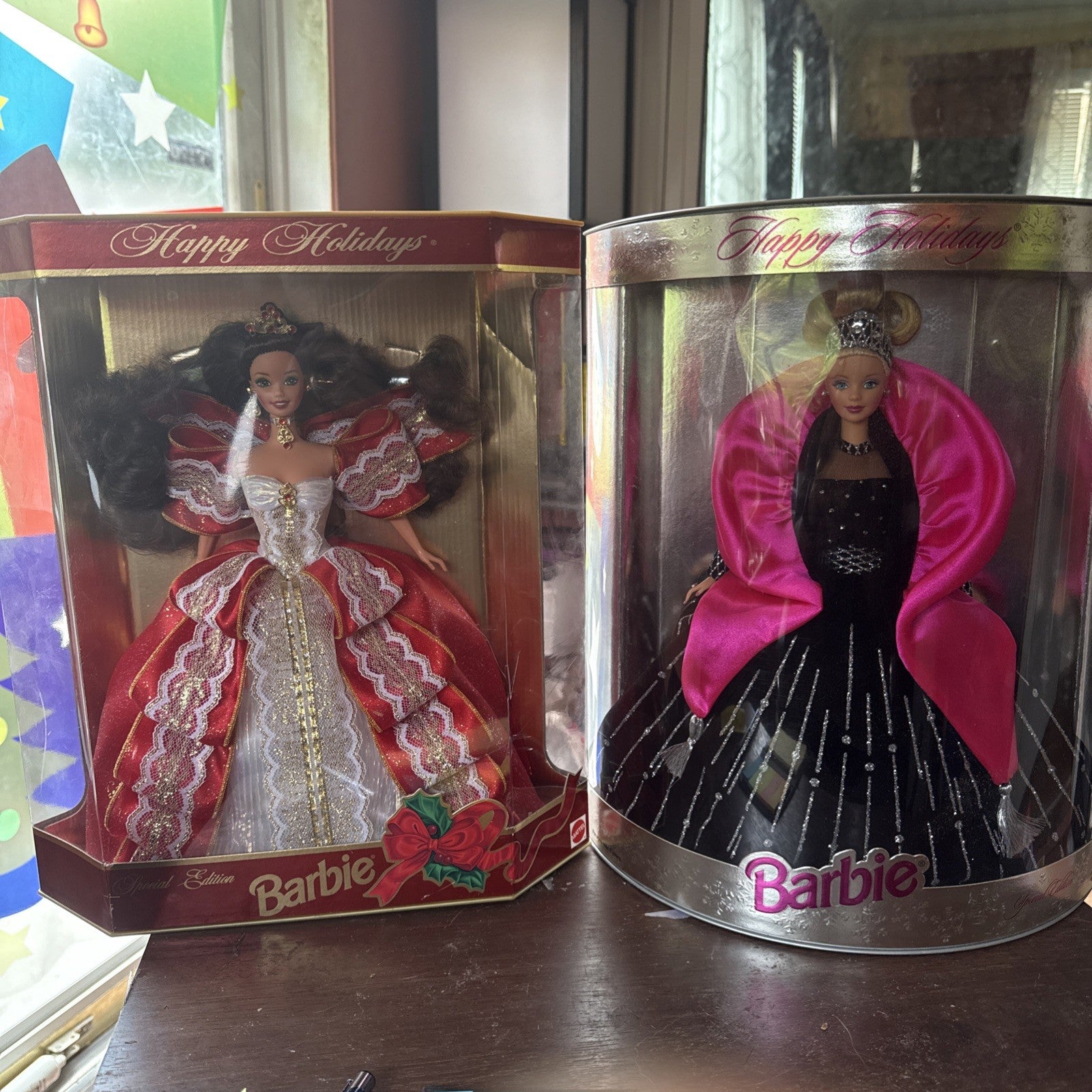 (2) Very Rare 1997, 1998 Holiday Barbie. Printing Mistakes On box! NIB. SHE0