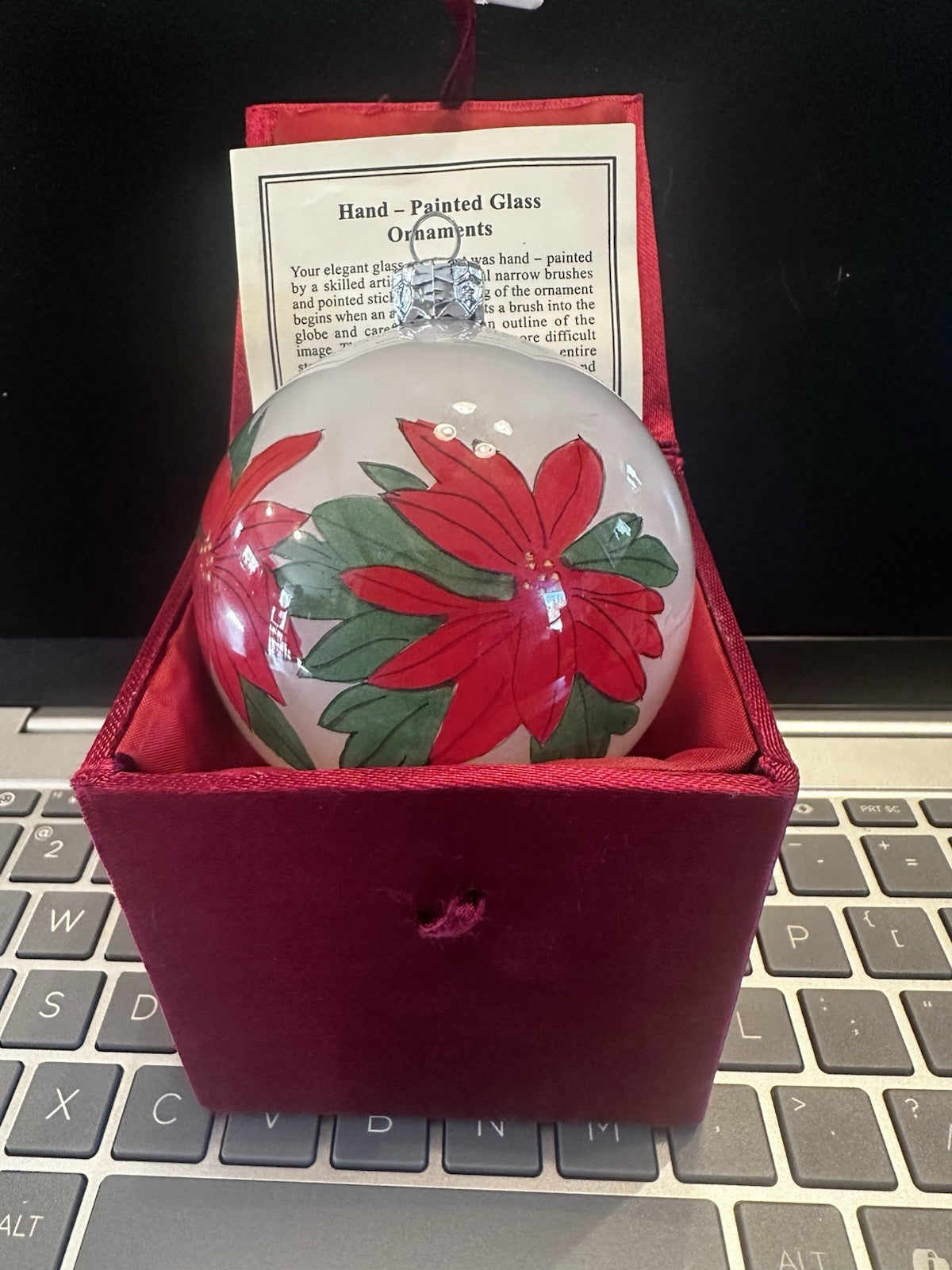 Zhenzhuinc - Reverse Hand Painted “POINSETTIA “ Glass  Ornament In Box  XMAS0