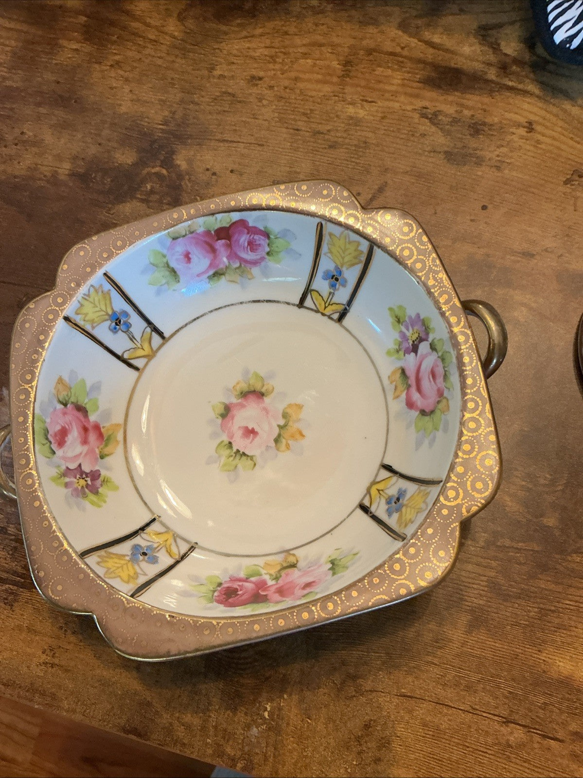 Vtg. Noritake Painted Floral Bowl, Golden-Bronze Trim, Side Handles CHN 26 WHT 10
