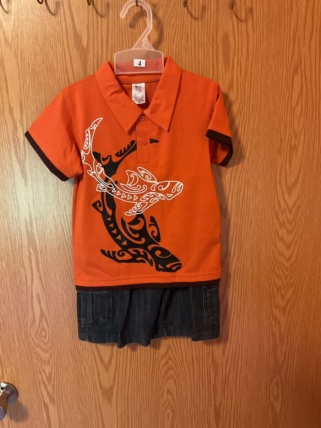 Boys 2 Piece Outfit, Shorts, 2 Button Shirt Size 4 Orange And Denim Blue BIN 61