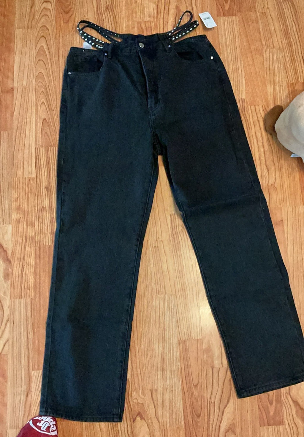 PacSun Women Black Denim High Rise Straight Leg Button fly W/ Belt Size 300