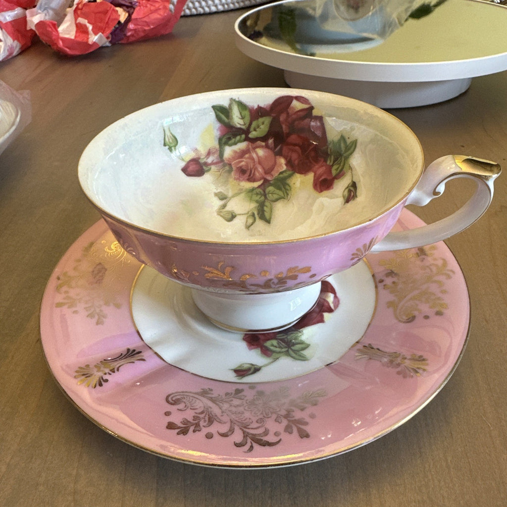 Vintage Pink Gold Roses Cup Saucer Set Iridescent L M Royal Halsey China CHN 490