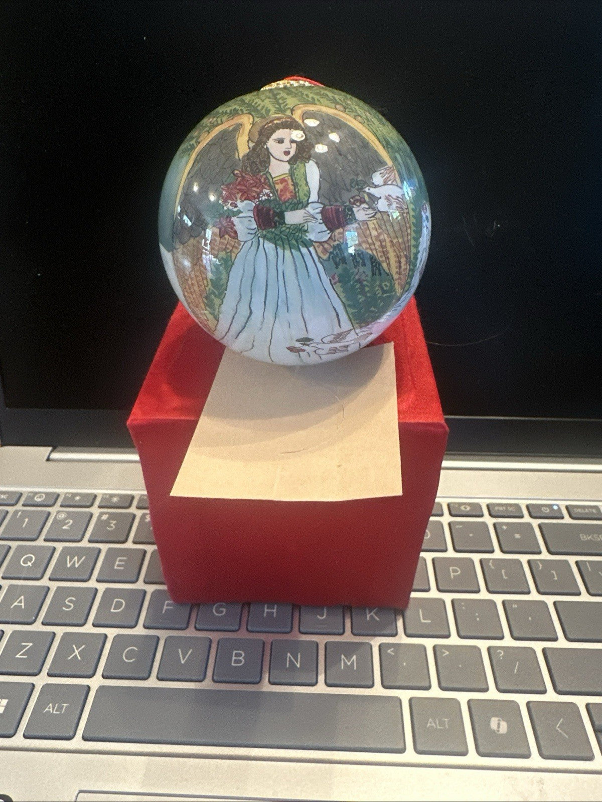 VINTAGE ROUND GLASS HAND PAINTED CHRISTMAS ORNAMENT WITH ANGEL AND DOVES XMAS0