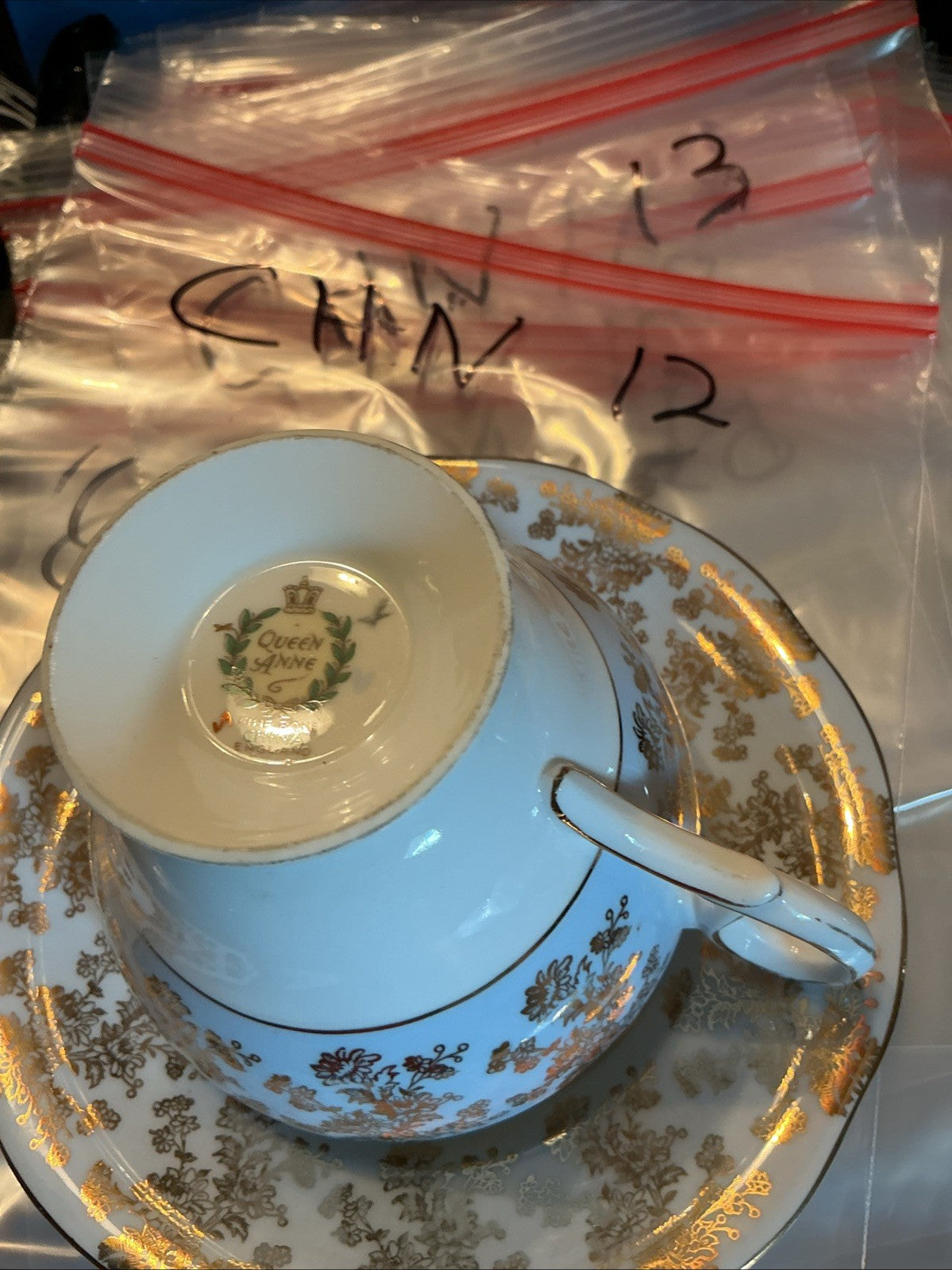 Queen Anne Teacup & Saucer, Robin’s Egg W/ Gold Chintz, Floating Flowers CHN 042