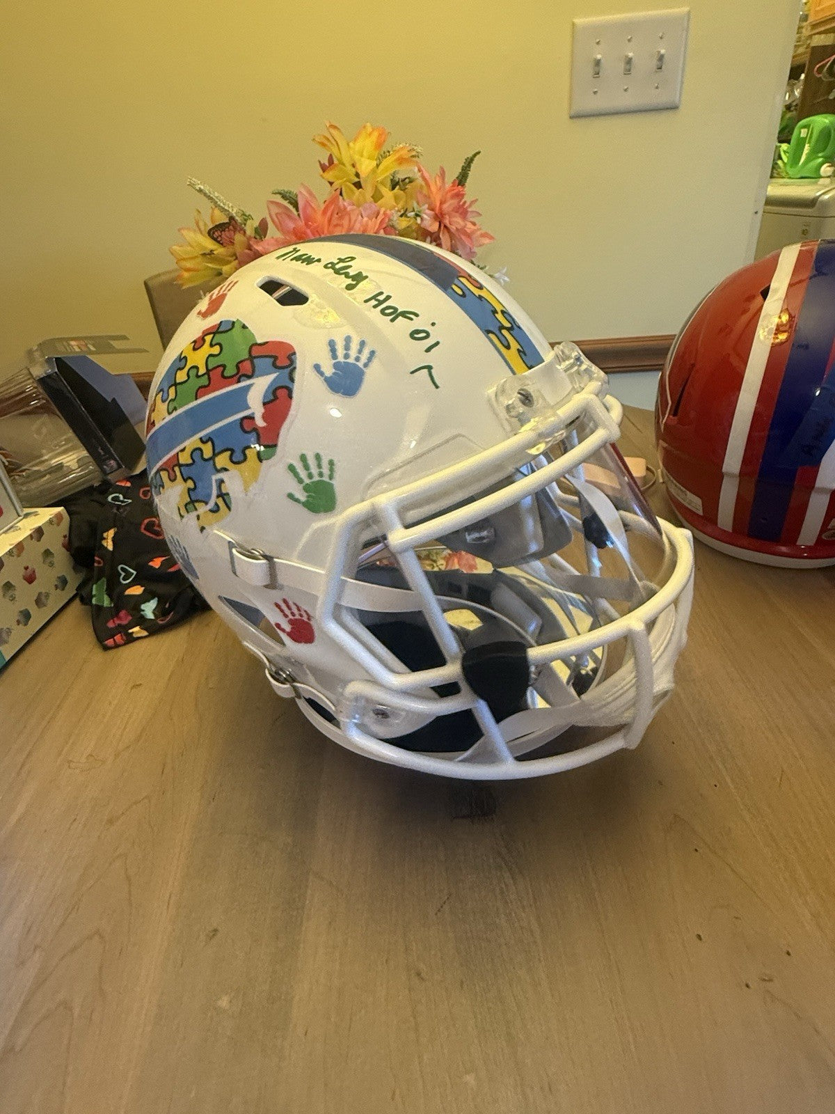 Bills Jim Kelly / Marv Levy Full Size “Autism” Custom Rep With Visor and TSE COA0