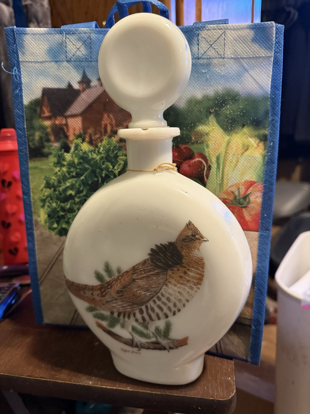 Vtg Field Birds Milk Glass Whiskey Decanter Hand Painted Ruffed Grouse 19690