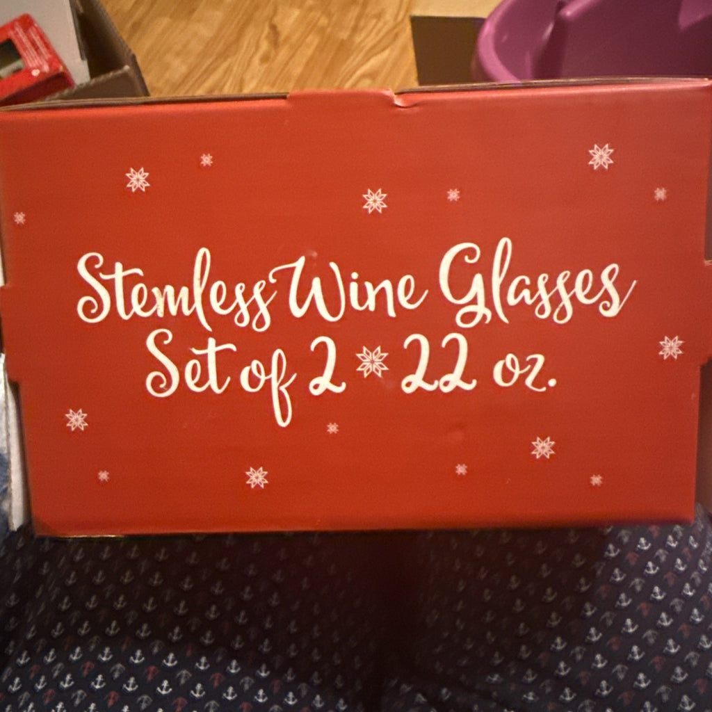 New His & Hers Ugly Christmas Sweater 22 oz Stemless Wine Glasses (2) BIN 991