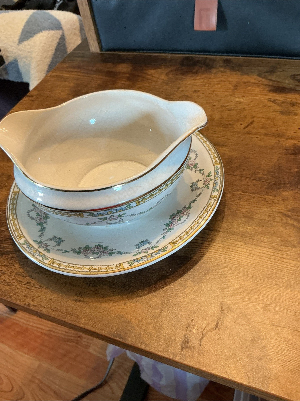 Vtg. Smith Phillips Semi Porcelain gravy boat Ivory W/Gold Accents CHN 24 WHT 10