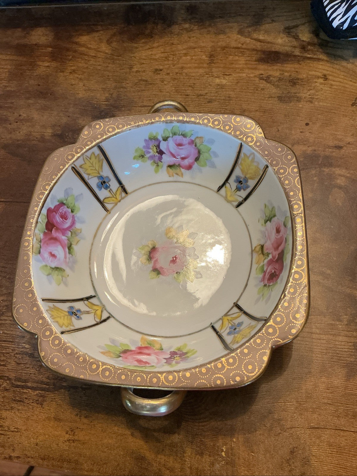 Vtg. Noritake Painted Floral Bowl, Golden-Bronze Trim, Side Handles CHN 26 WHT 11