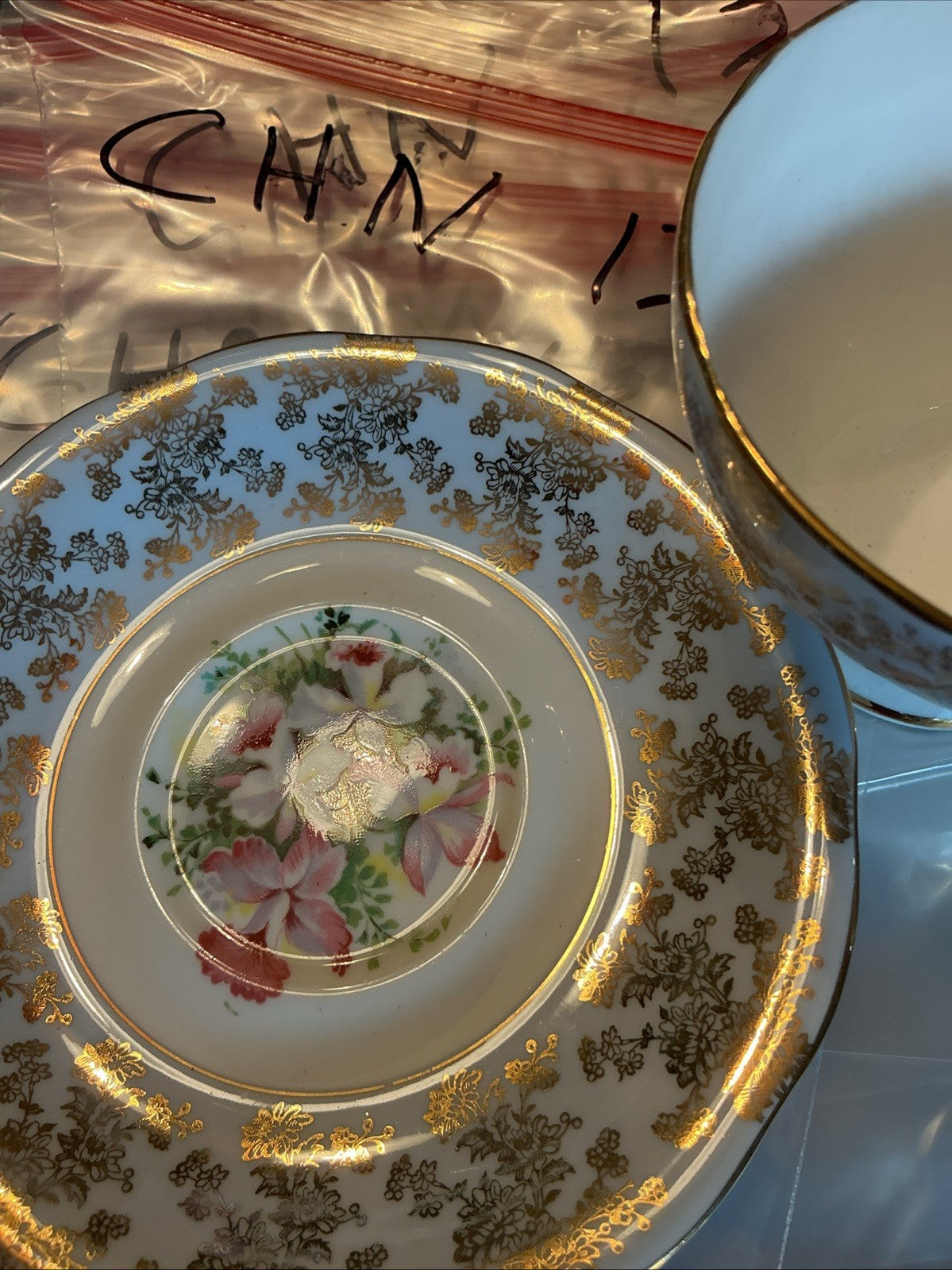 Queen Anne Teacup & Saucer, Robin’s Egg W/ Gold Chintz, Floating Flowers CHN 043