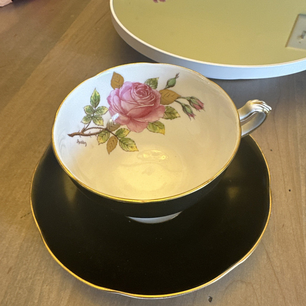 VTG Adderley Bone China Porcelain Cup & Saucer Black w/ Rose Decoration CHN 570