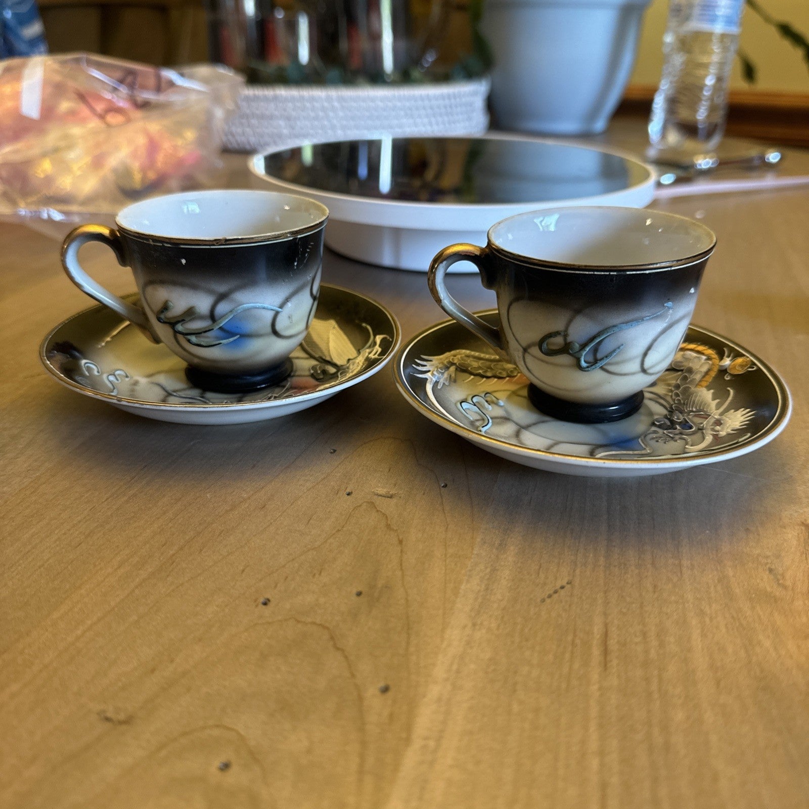 (2) Vintage Moriage Raised Dragon Demitasse Cup & Saucer Japan Gold Trim  CHN 340