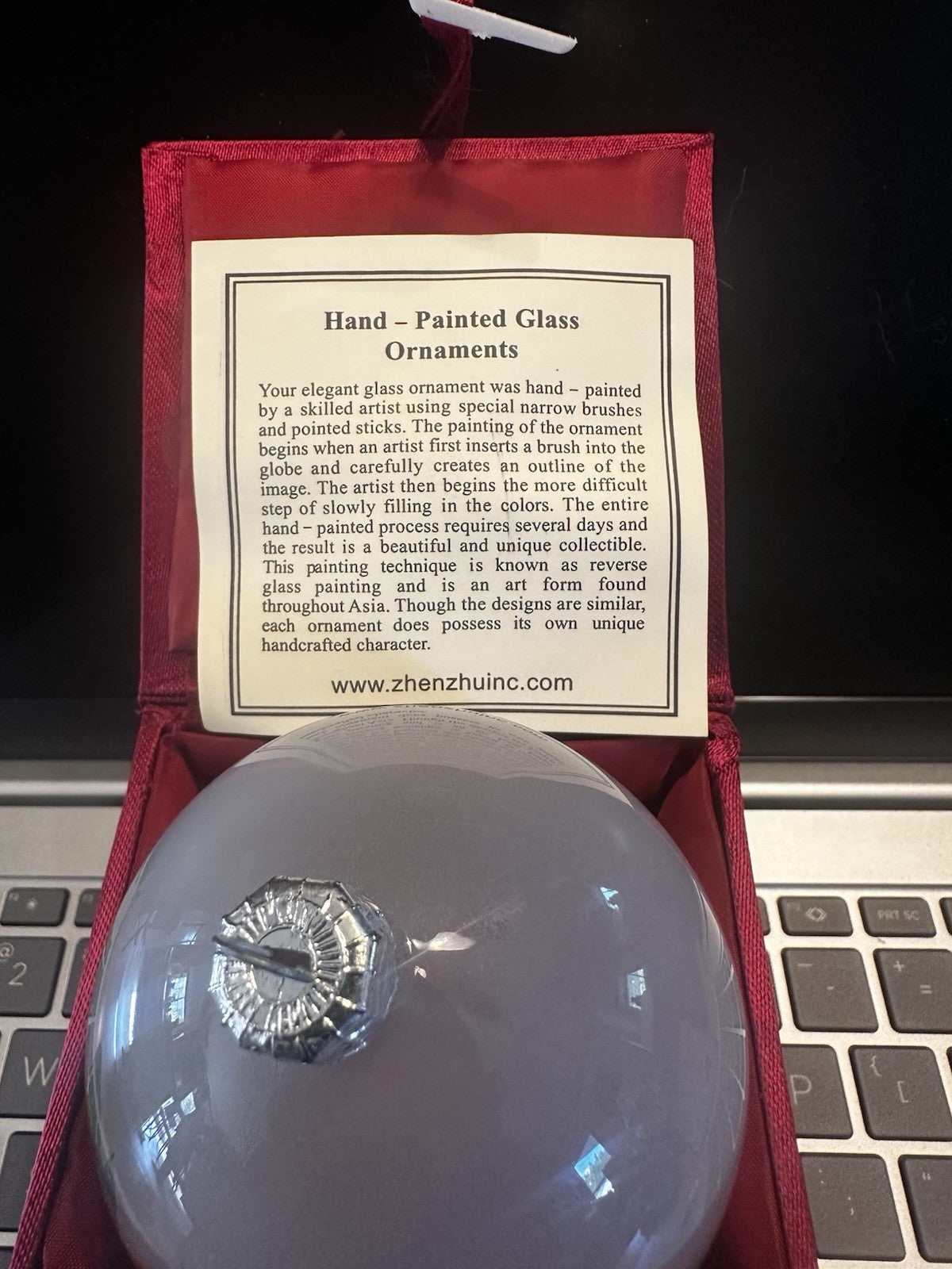 Zhenzhuinc - Reverse Hand Painted “POINSETTIA “ Glass  Ornament In Box  XMAS2