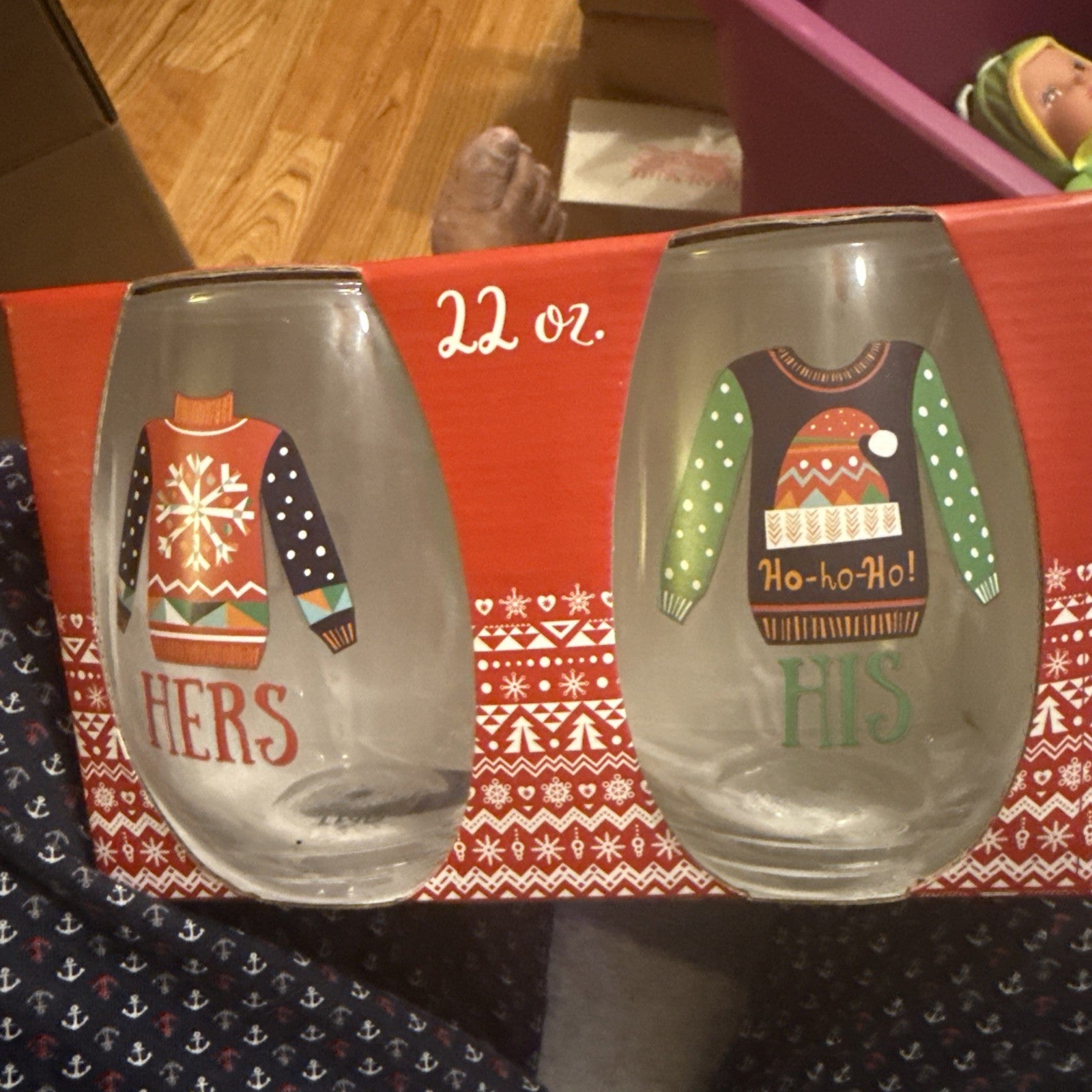 New His & Hers Ugly Christmas Sweater 22 oz Stemless Wine Glasses (2) BIN 990