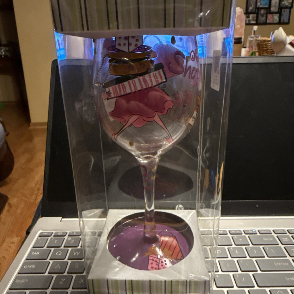 Hand Painted “SHOPOHOLIC”  16 Oz Wine Glass by Formation. New w/ Package BIN 990