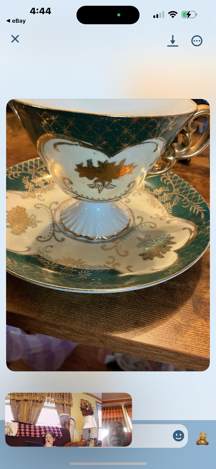 Lefton China Footed Teacup & Saucer Teal Gold Rim  Hand Painted Floral CHN 120