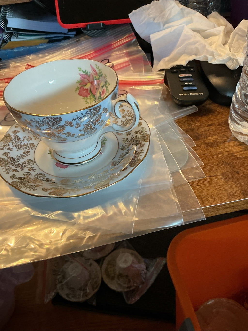 Queen Anne Teacup & Saucer, Robin’s Egg W/ Gold Chintz, Floating Flowers CHN 040