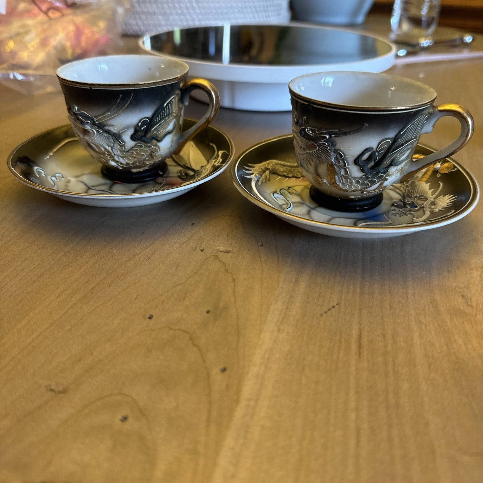 (2) Vintage Moriage Raised Dragon Demitasse Cup & Saucer Japan Gold Trim  CHN 341
