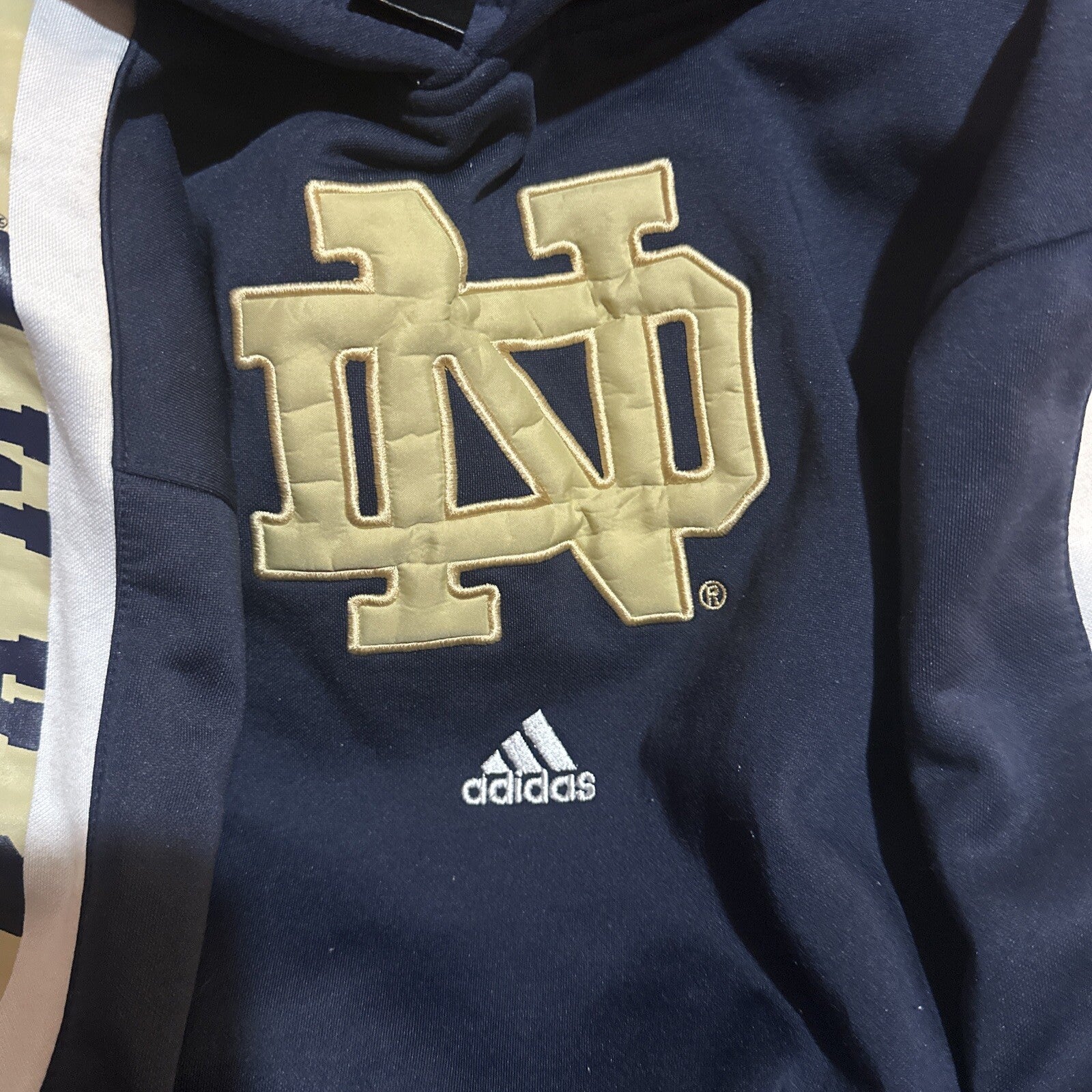 Adidas Notre Dame Adult L / M Fighting Irish Striped Spell Out Navy Hoodie B 5882
