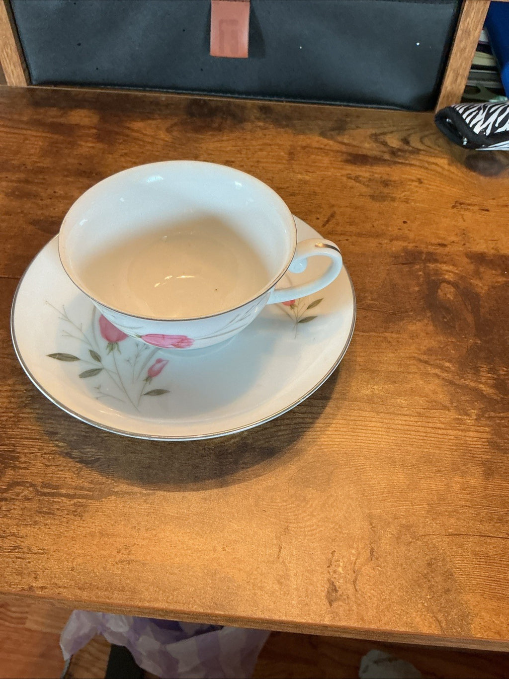 Pink Sterling Rose Tea Cup and Saucer Japan Silver Trim  Diamond China CHN 170