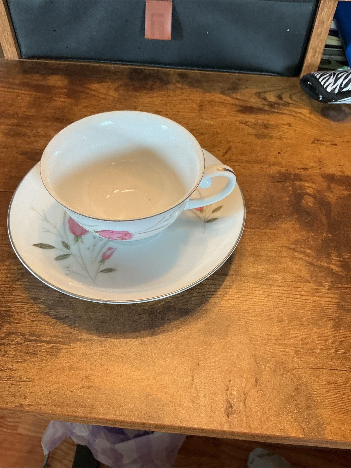 Pink Sterling Rose Tea Cup and Saucer Japan Silver Trim  Diamond China CHN 170