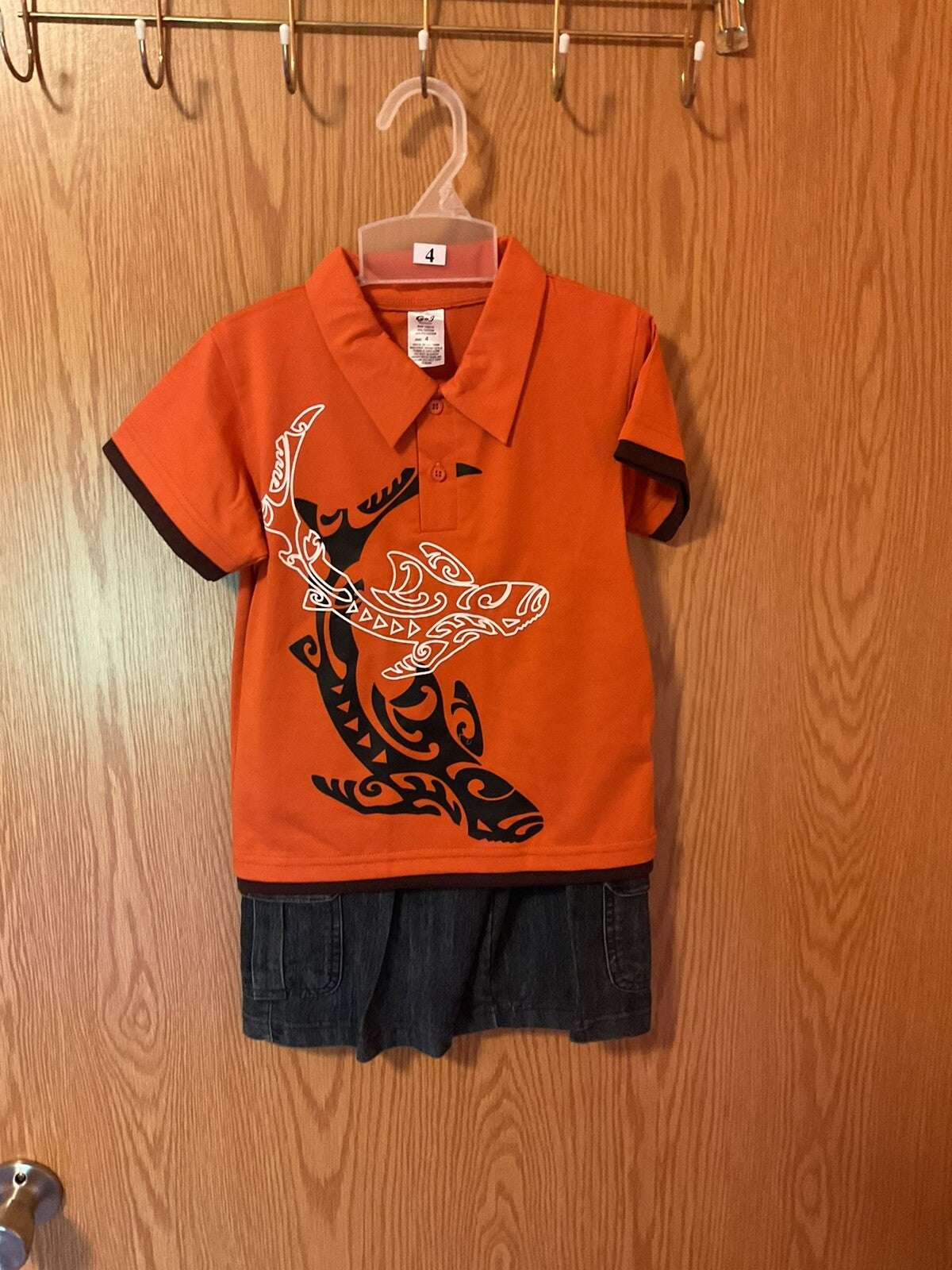 Boys 2 Piece Outfit, Shorts, 2 Button Shirt Size 4 Orange And Denim Blue BIN 60