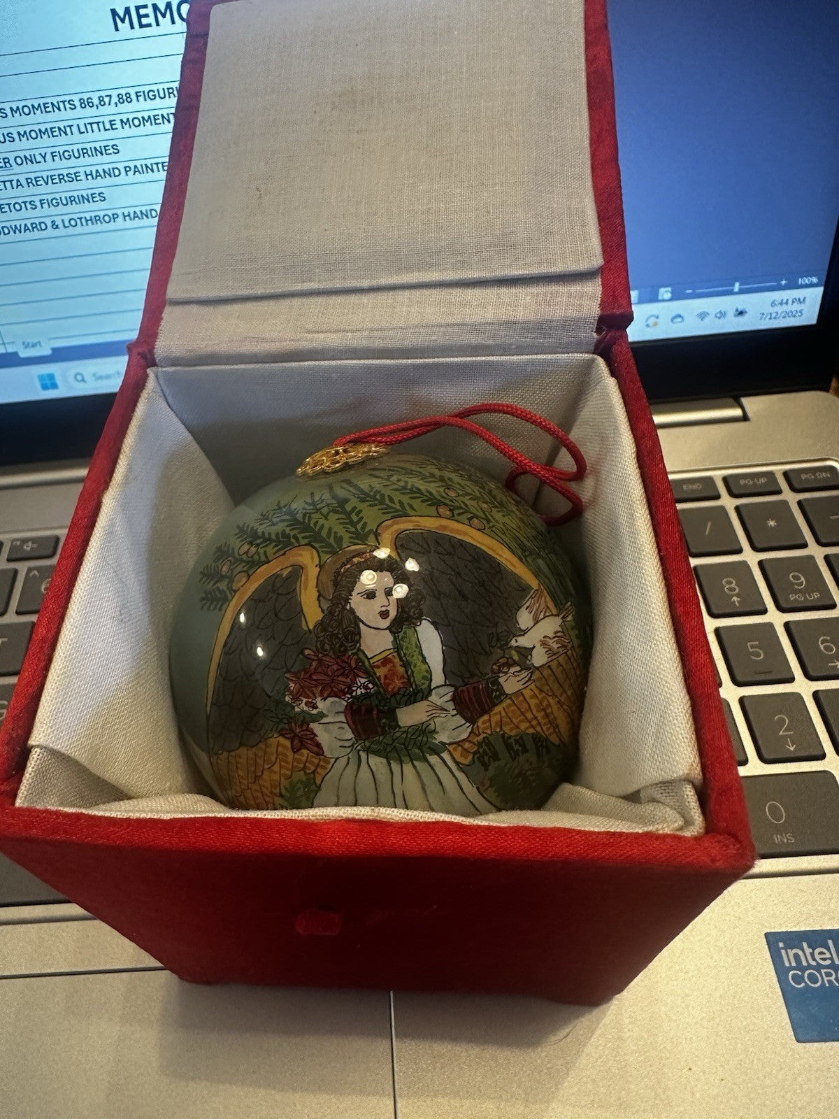 VINTAGE ROUND GLASS HAND PAINTED CHRISTMAS ORNAMENT WITH ANGEL AND DOVES XMAS1