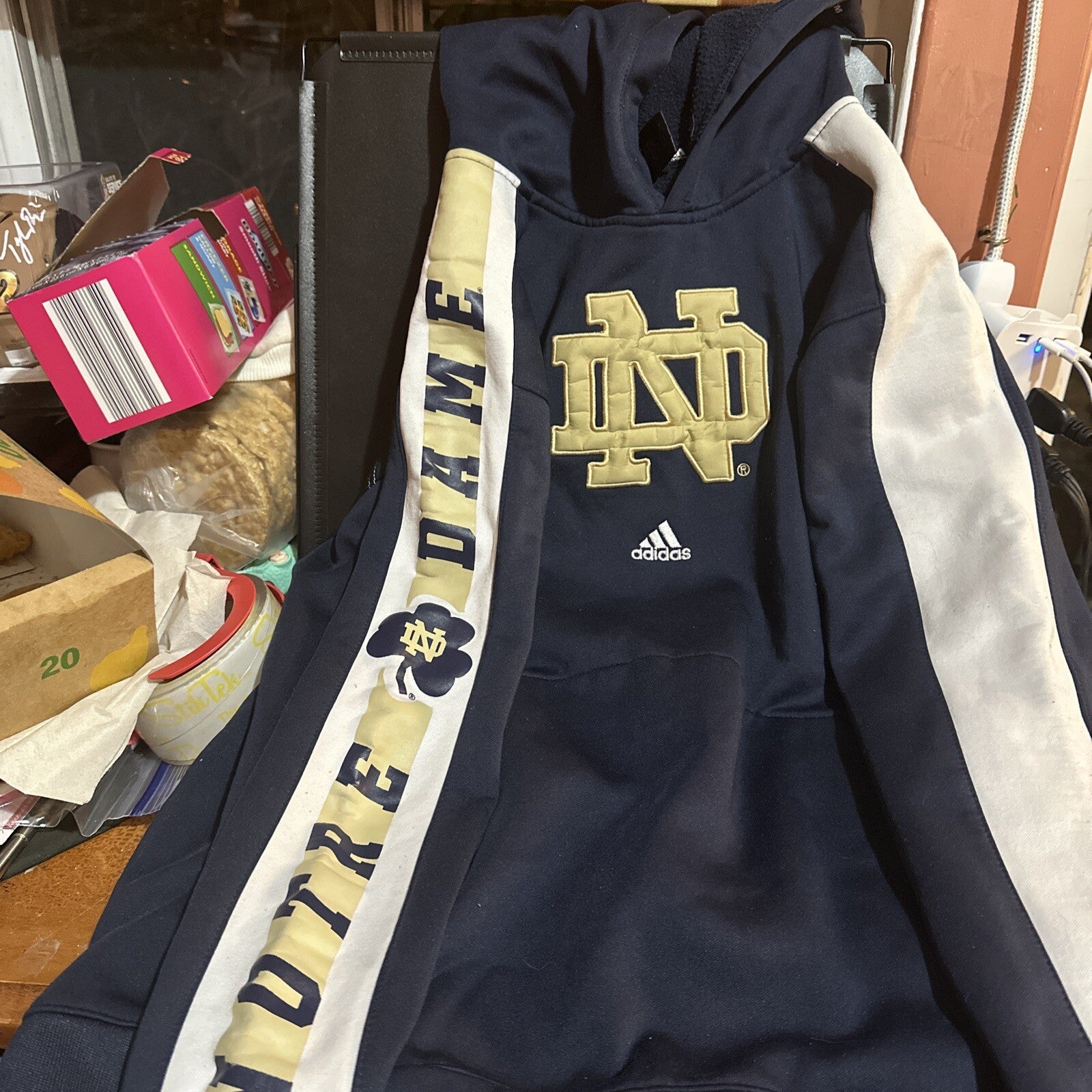 Adidas Notre Dame Adult L / M Fighting Irish Striped Spell Out Navy Hoodie B 5880