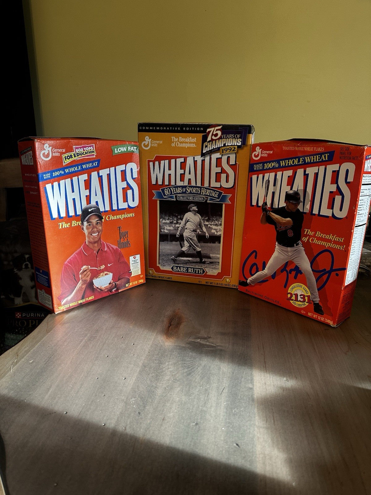 LOT (3) Vintage Wheaties Cereal Box Tiger Woods, Babe Ruth, Cal Ripken Unopened0