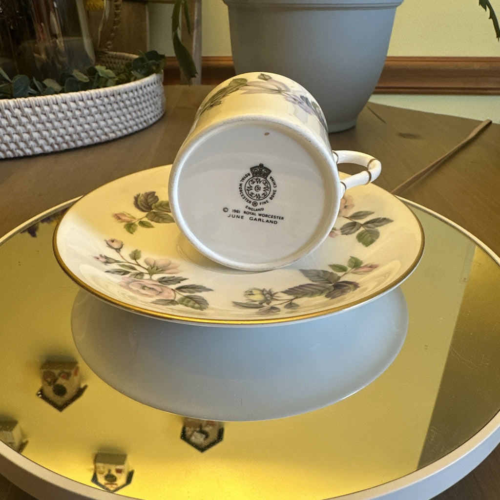 (2) Royal Worcester June Garland Flat Demitasse Cup & Saucer - Pristine CHN 361