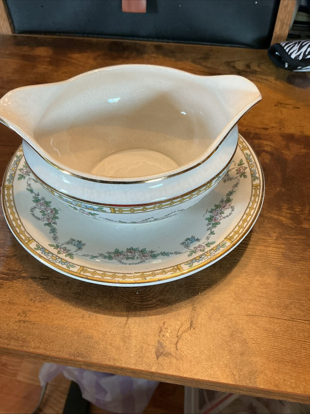 Vtg. Smith Phillips Semi Porcelain gravy boat Ivory W/Gold Accents CHN 24 WHT 12