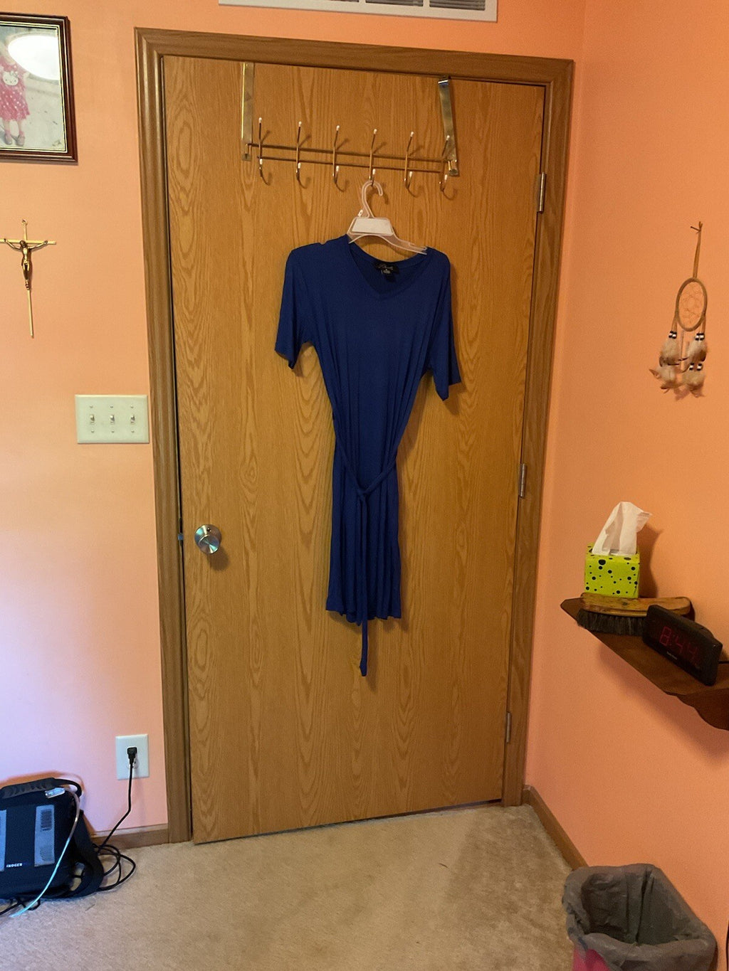 Daily Blue T-Shirt Dress Midi Woman's Tie Belt Stretch Knit BIN 60