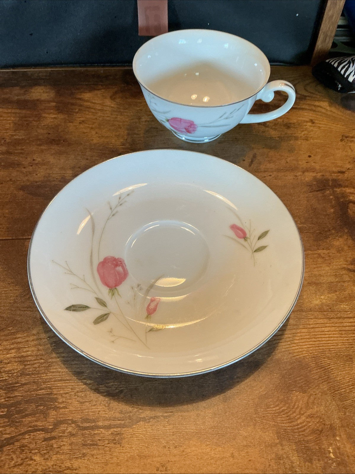 Pink Sterling Rose Tea Cup and Saucer Japan Silver Trim  Diamond China CHN 171