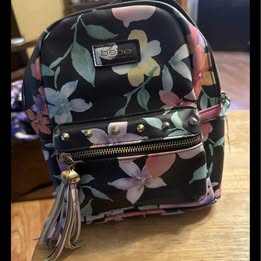 Bebe Los Angeles black floral print PVC vinyl vegan small backpack purse