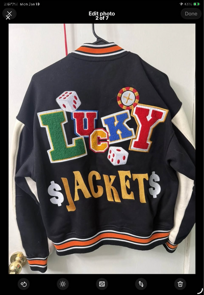 Embroidered Varsity Poker Jacket Black And Orange "Lucky Jacket" New Wave Street