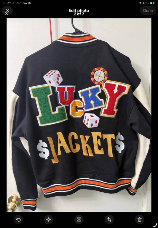 Embroidered Varsity Poker Jacket Black And Orange "Lucky Jacket" New Wave Street