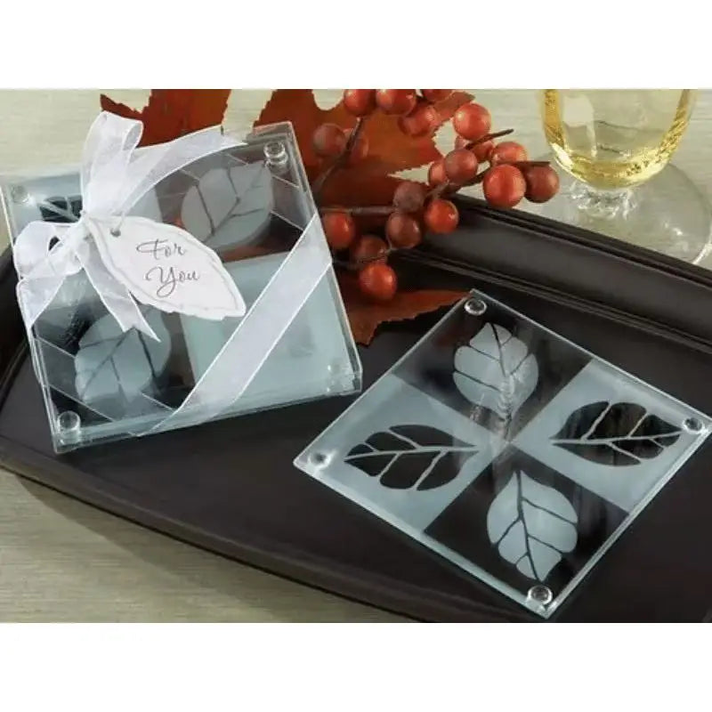Wedding Gift Favor  Frosted Fall Leaf Glass Coaster Set (2pcs/set)