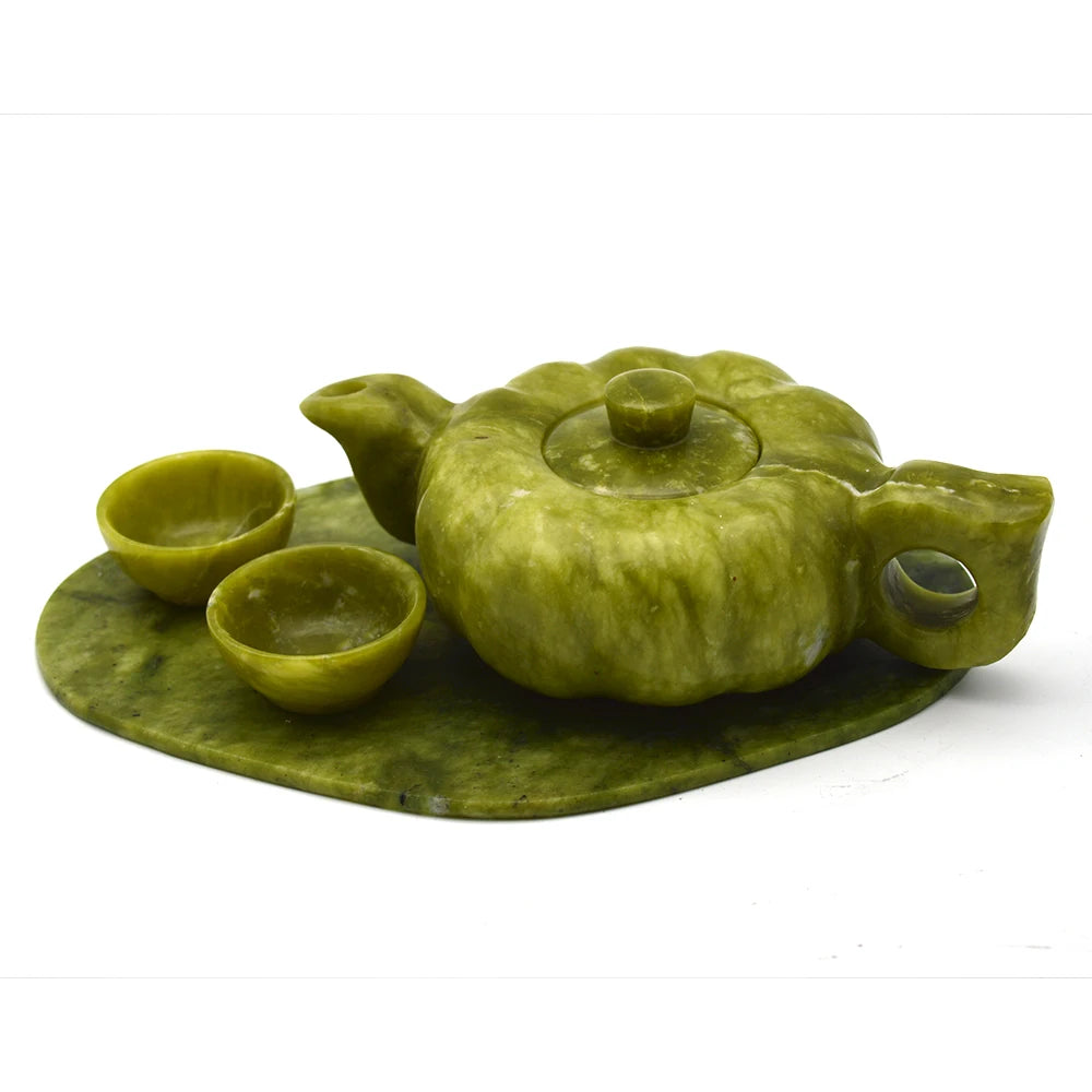 Chinese Traditional Handcraft Jade Teapot With 6 Cups and 1 Jade Plate Set Collectible Jade Teapots & Tea Sets