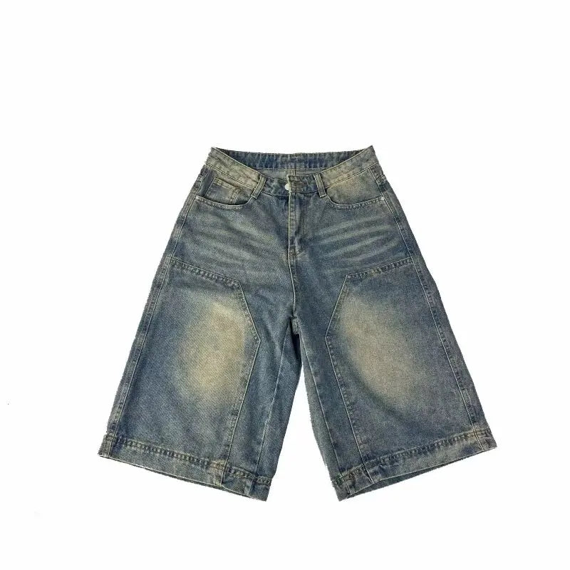Custom High Quality Plus Size Men's Mid Waist Baggy Denim Shorts Vintage Washed Streetwear for Summer Casual Wide Leg Design