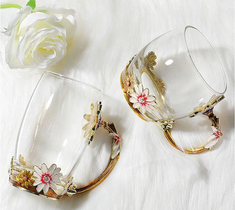 Creative Heat Resistant Crystal Glass Mug Enamel Glass Mug Flower Tea Set Coffee Cup Water Milk Coffee Drinkware Set for Gift