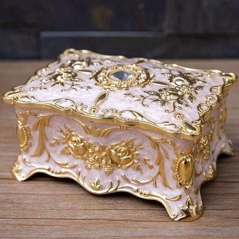 Vintage Rose Jewelry Packing Box New Zinc Alloy Household Desktop Storage Box Gold Blue Red Diamond Inlaid Metal Box