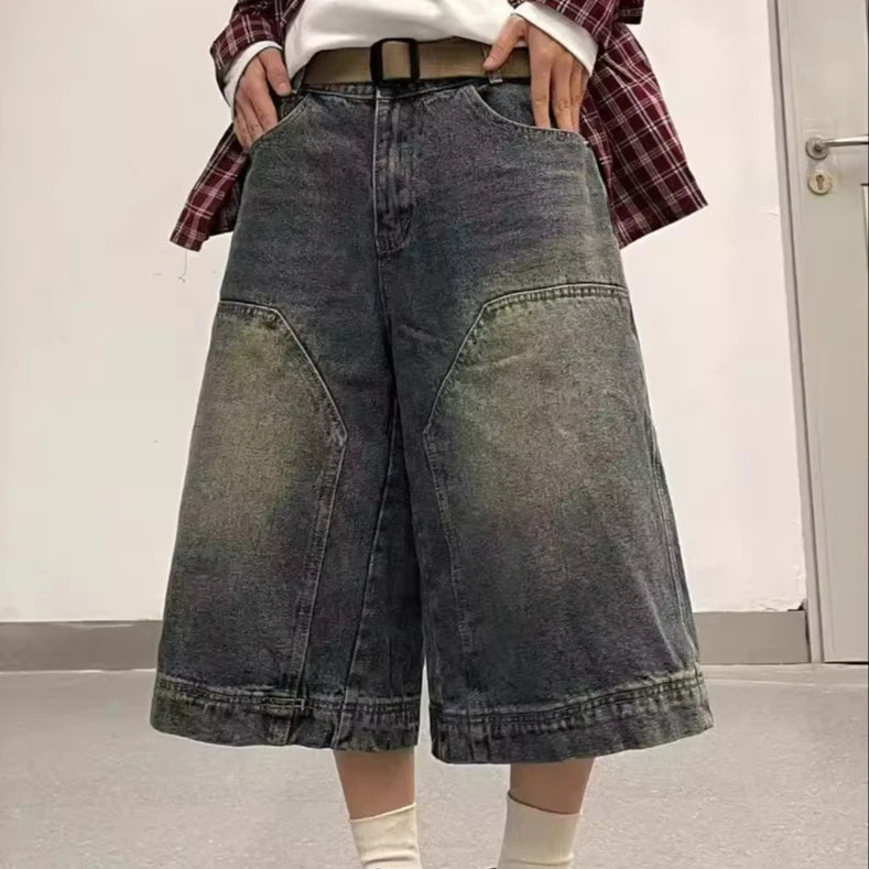 Custom High Quality Plus Size Men's Mid Waist Baggy Denim Shorts Vintage Washed Streetwear for Summer Casual Wide Leg Design