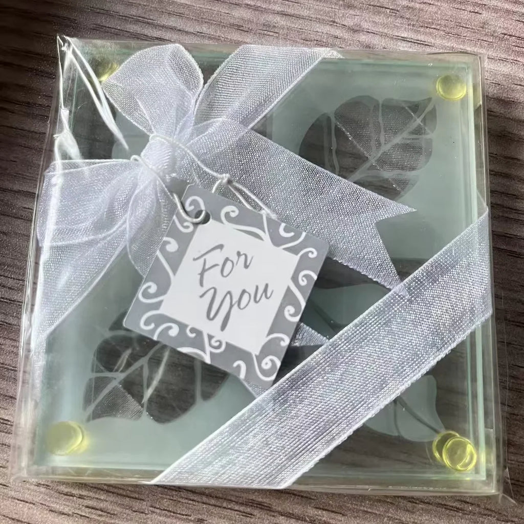 Wedding Gift Favor  Frosted Fall Leaf Glass Coaster Set (2pcs/set)